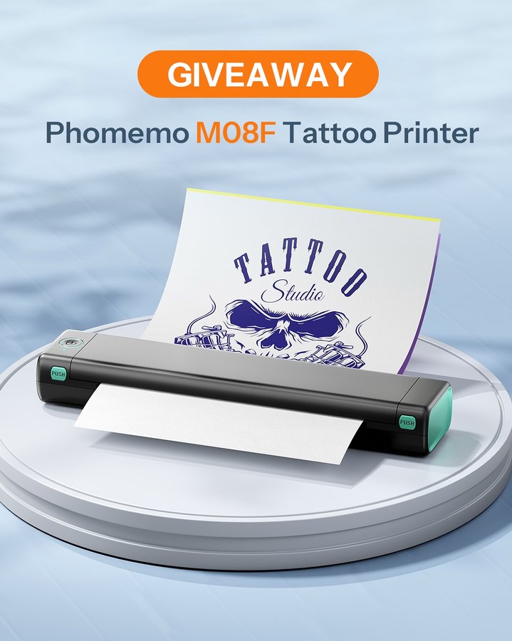 Instagram post by @phomemo_tattoo for Phomemo. Caption reads: [...] chance!👇 To enter： 1️⃣Follow....
