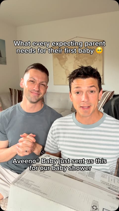 Instagram post by @michaelandmatt for AVEENO Baby. Caption reads: #AveenoBabyPartner The surprise baby shower gift....