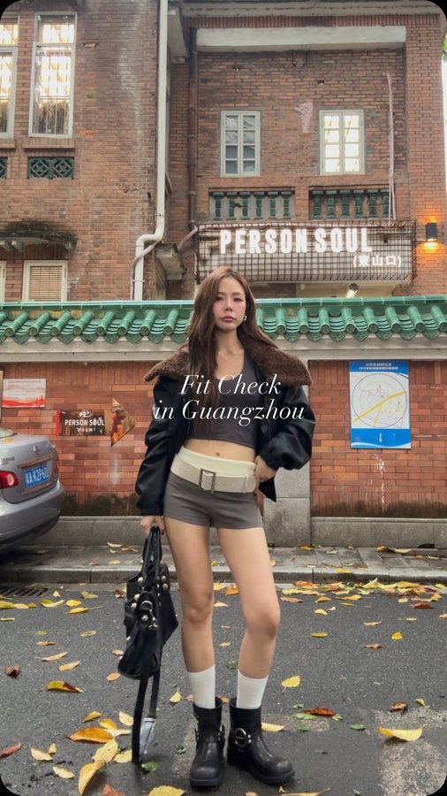 Instagram post by @frennicha for Shopee Fashion TH. Caption reads: Fit Check in Guangzhou 💌🇨🇳 #shopeefashionth....