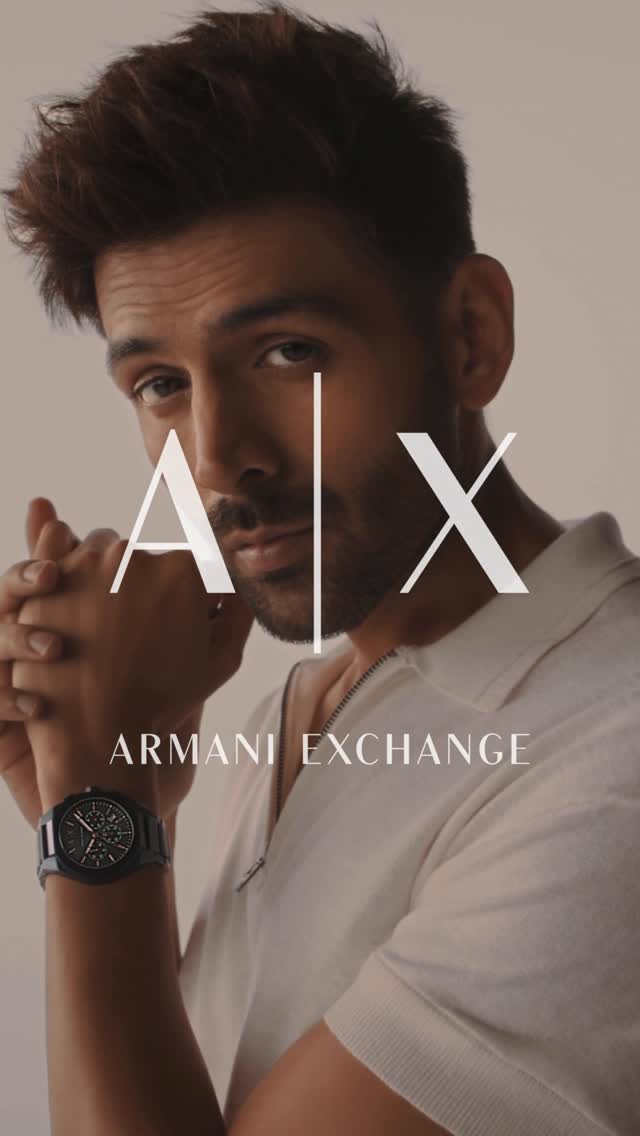 Instagram post by @kartikaaryan for Armani Exchange. Caption reads: Timeless vibes

@armaniexchange 
#AXtime #AXfw25.
