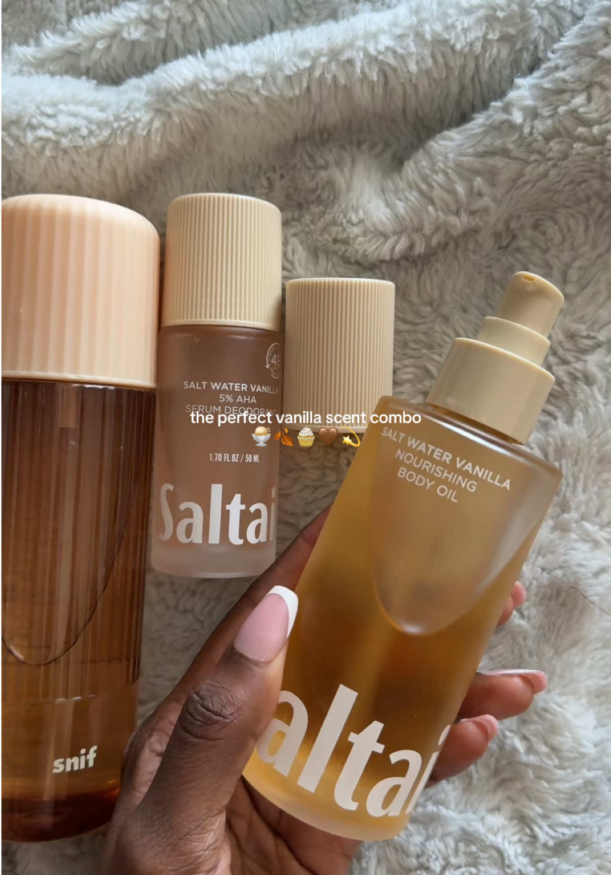 TikTok post by @amari.keyera for Saltair. Caption reads: Perfect vanilla scent combo for Fall🍨🍂🤎 @Snif....