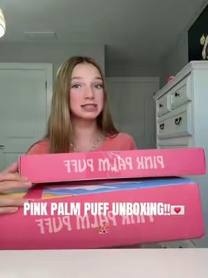 TikTok post by @grwaddi.h for Pink Palm Puff. Caption reads: UNBOXING 2 BOXES OF @PINK PALM PUFF 💝💝 #fypシ....
