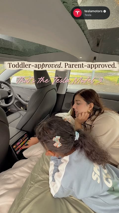 Instagram post by @ridayawarr for Tesla. Caption reads: Toddler-approved, parent-approved. 🤍🚗....