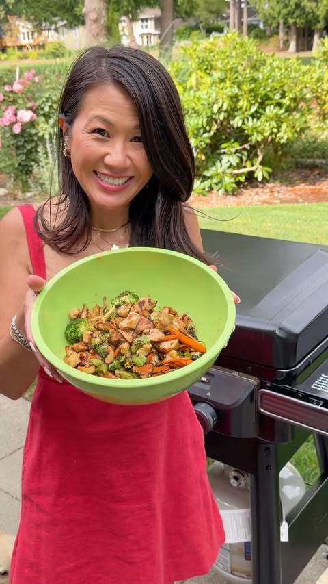 Instagram post by @tiffanyish for Traeger Grills. Caption reads: [...] stir fry 😂 #ad Thank goodness, the....