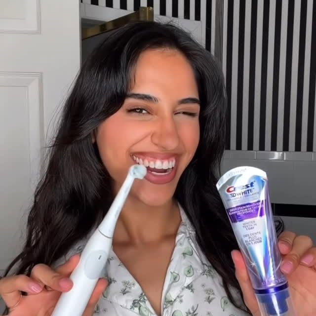 Instagram post by @tasdhaliwal for Crest. Caption reads: #ad Someone really said I had yellow teeth… so I....