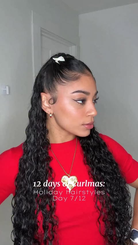 Instagram post by @jasmeannnn for Pantene. Caption reads: Curlmas Day 7/12 🎄 holiday hairstyles! 
Pantene....