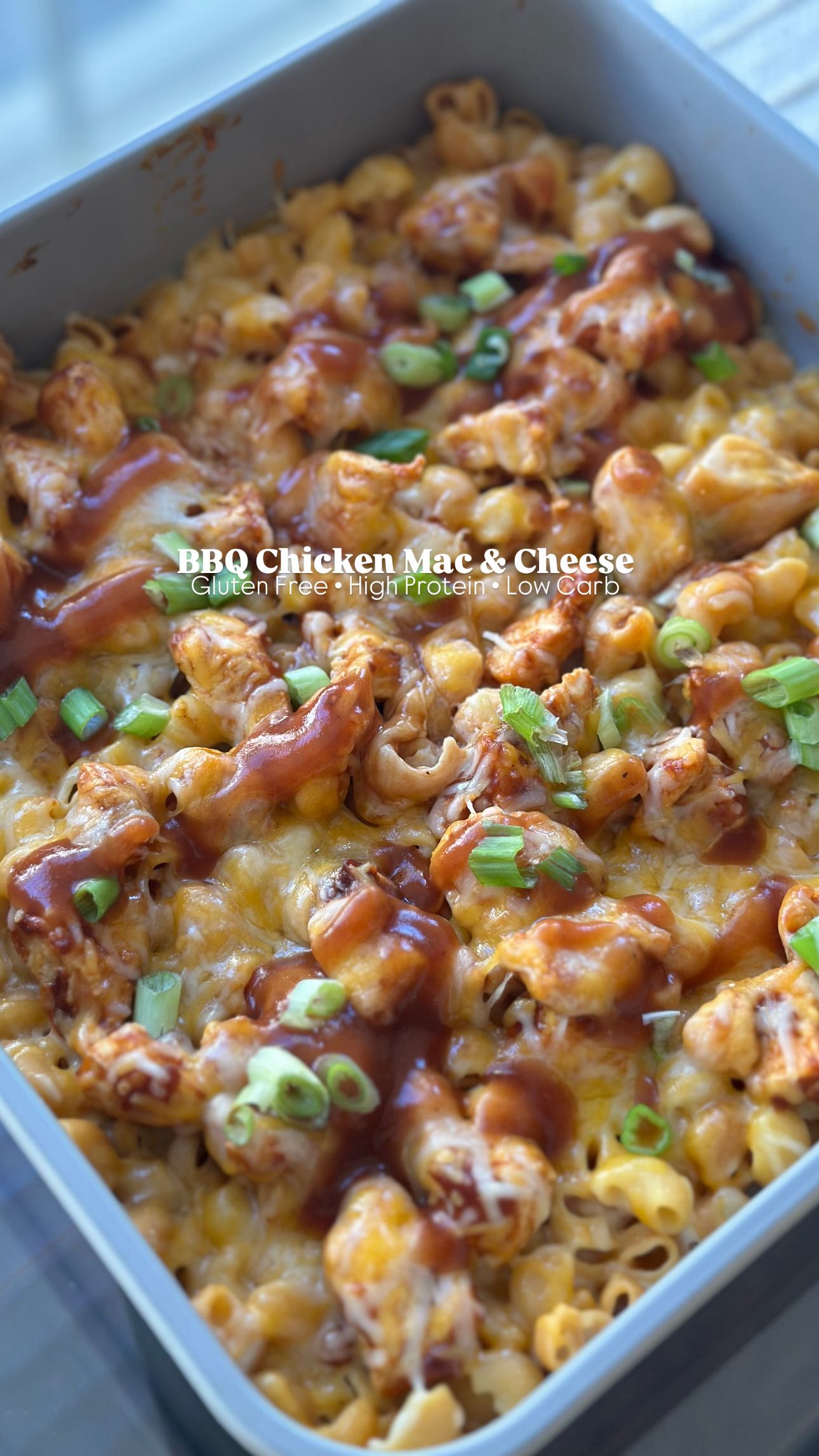 Instagram post by @mealprepsandmacros for Kaizen Food Company. Caption reads: 🧀The easiest BBQ Chicken Mac & Cheese with 43g....