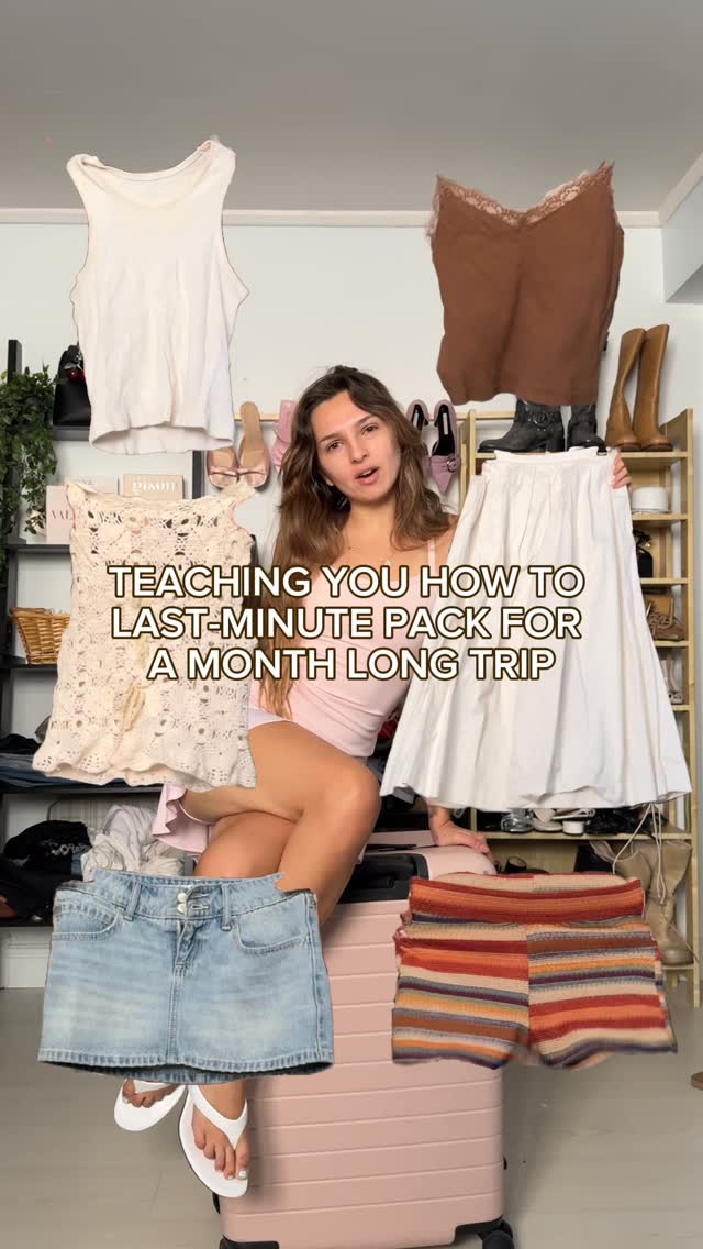 Instagram post by @luizacordery for Away. Caption reads: LAST MINUTE PACKING FOR DUMMIES (in 1 minute) -....