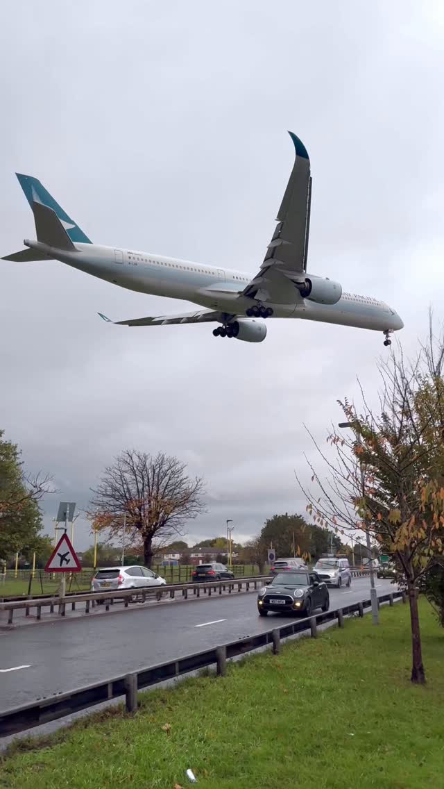 Instagram post by @aeroblinx for Cathay Pacific. Caption reads: London Fall and a @cathaypacific A350-1000. Just....