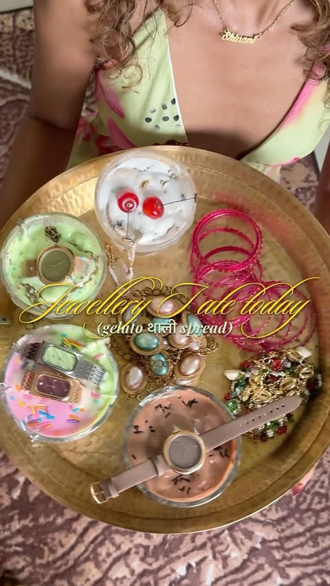 Instagram post by @shivanijai_ for Fastrack. Caption reads: Gelato maxxing with my thali 🍨🍽️ Comment “links”....