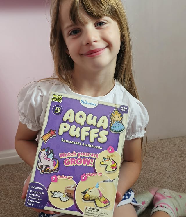 Instagram post by @familylifewiththesmiths for Wire PR. Caption reads: AD || Skillmatics Aqua Puffs 🦄👸 We've found the....