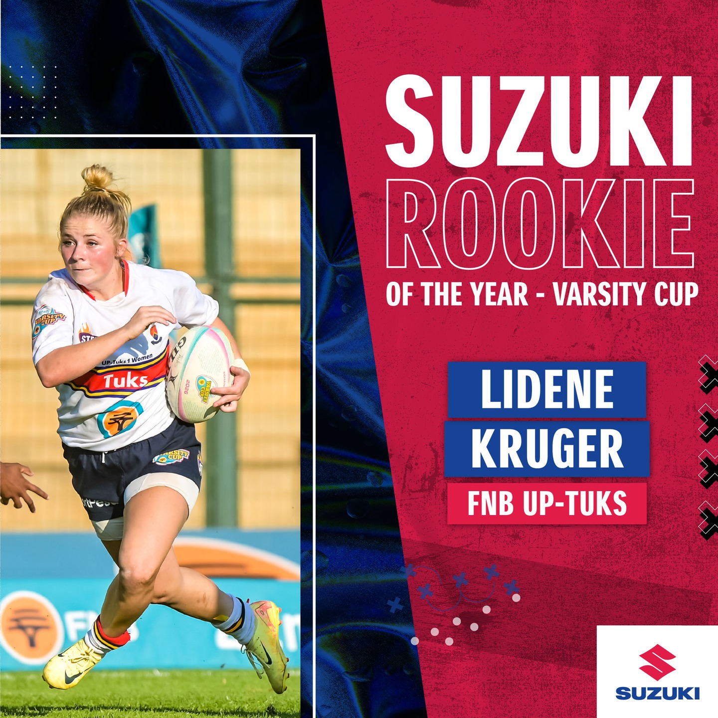 Instagram post by @varsityshield for Suzuki. Caption reads: [...] Kruger from Tuks who was voted as the Suzuki....