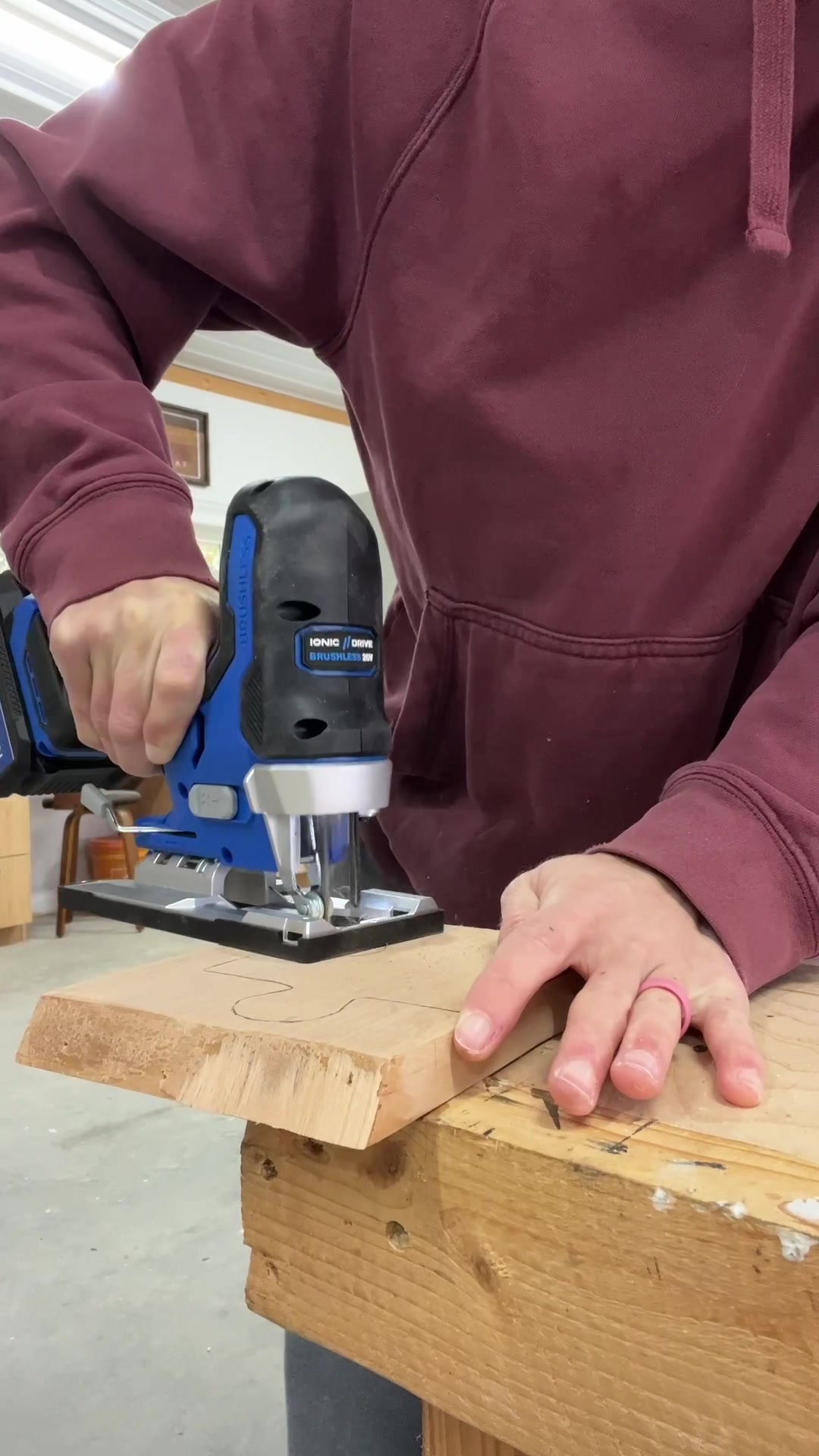 TikTok post by @woodshopdiaries for Kreg Tool. Caption reads: The first tool I ever bought was a jig saw AD I....