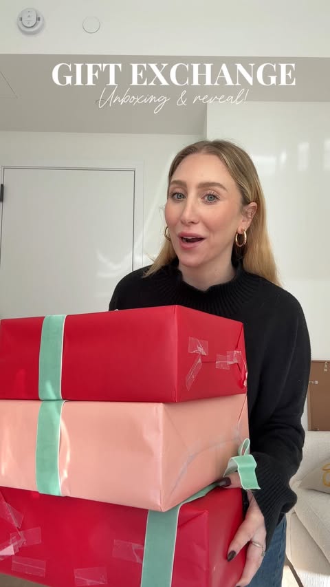 Instagram post by @carlyweinstein for DSW. Caption reads: Unbox the DSW gift exchange with me!! 🎁 @dsw #ad.