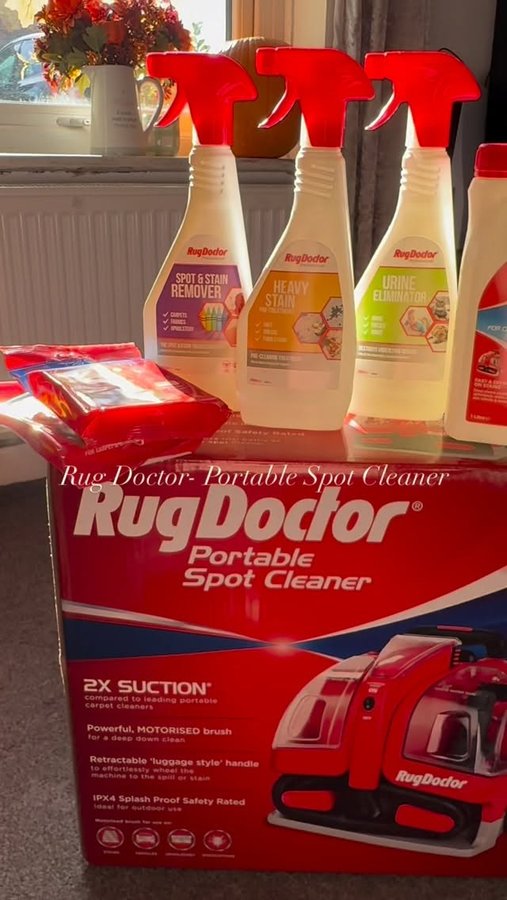 Instagram post by @phillipsfamilysuffolkandbeyond for Rug Doctor. Caption reads: ❣️ I’ve been testing out the @rugdoctoruk portable....