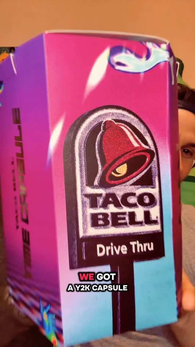 Instagram post by @markie_devo for Taco Bell. Caption reads: Taco Bell Decades Y2k Menu & Merch!

👕Rewards....