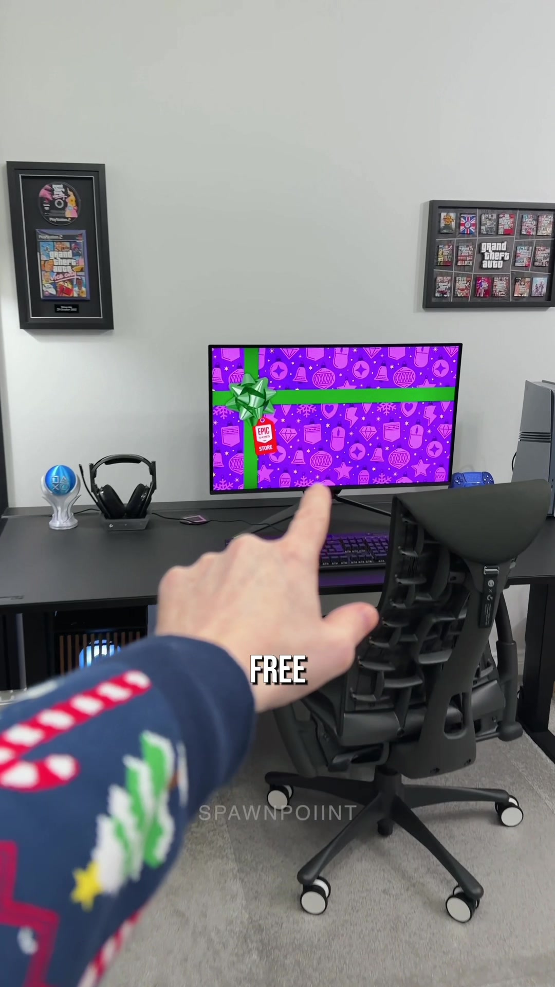 TikTok post by @spawnpoiiint for Epic Games. Caption reads: Who wants a free game? #Ad @Epic Games Store .