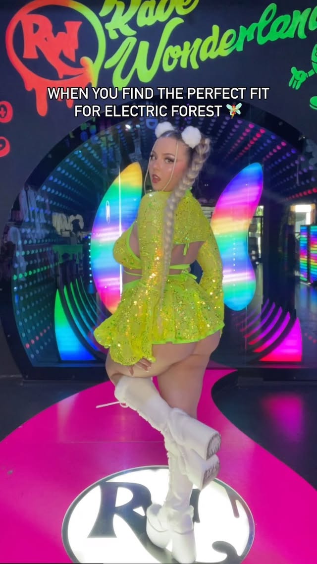 Instagram post by @rachelsteidler for Rave Wonderland. Caption reads: [...] NEON SEQUIN DISCO collection from....