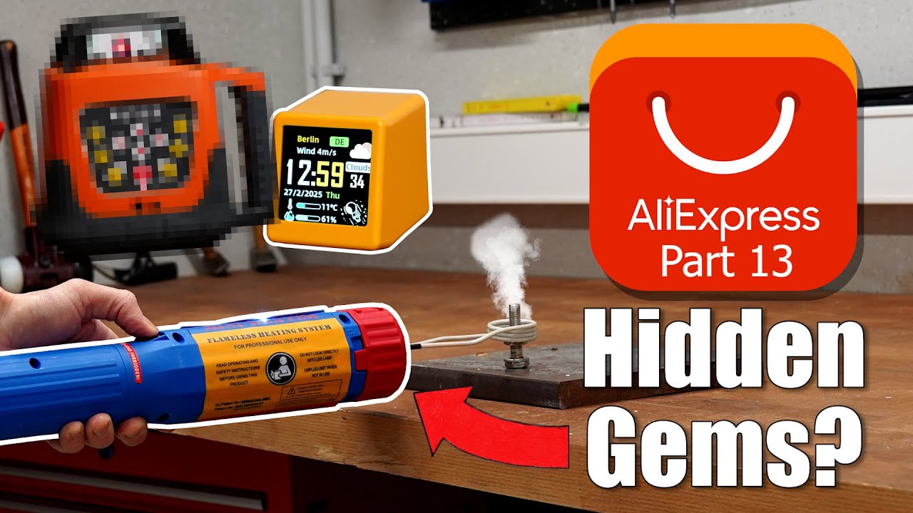 YouTube post by @greatscottlab for JLCPCB. Caption reads: I tried finding Hidden Gems on AliExpress AGAIN!....
