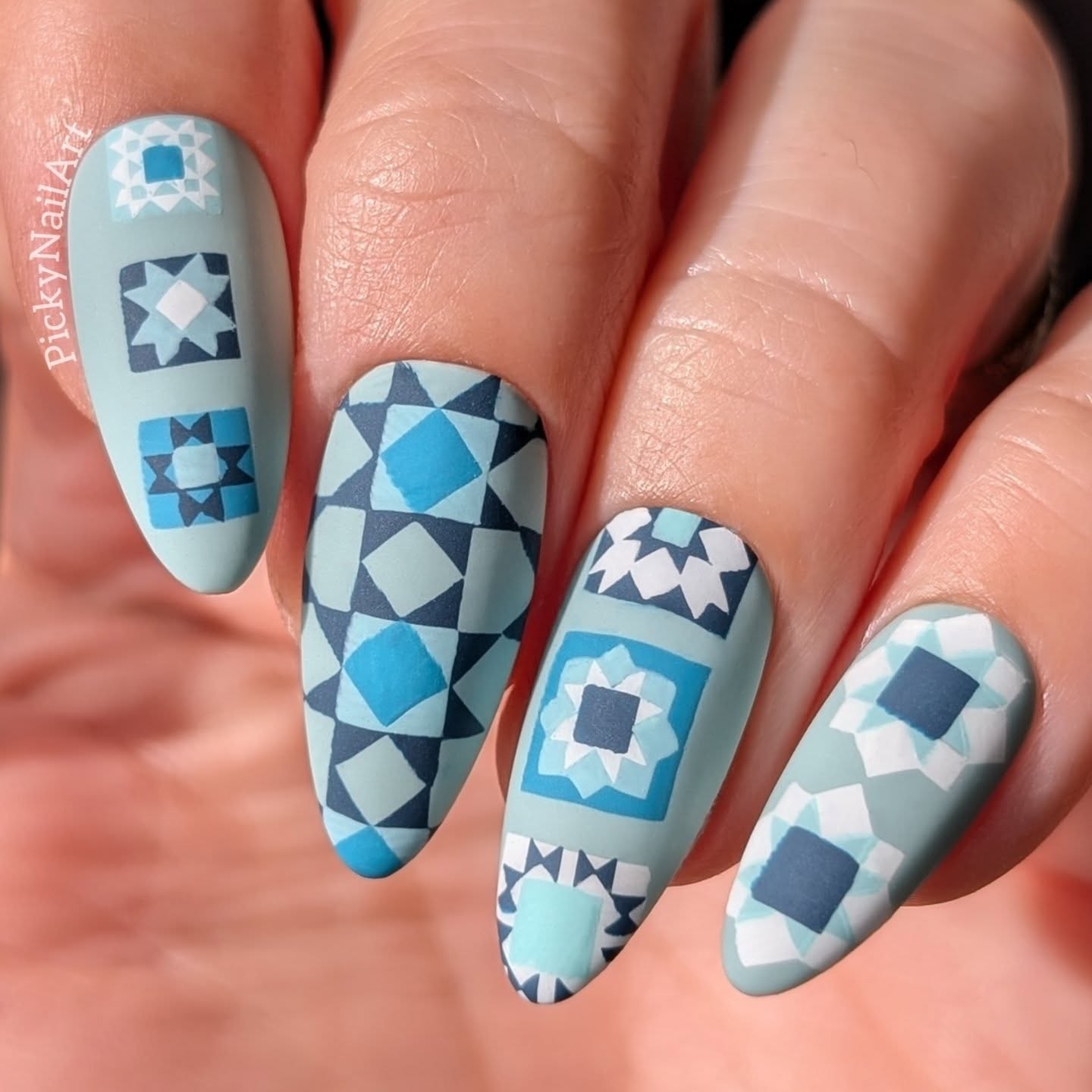 Instagram post by @pickynailart for Madam Glam. Caption reads: Quilt patterns. *PR* Do you like quilts? Before....