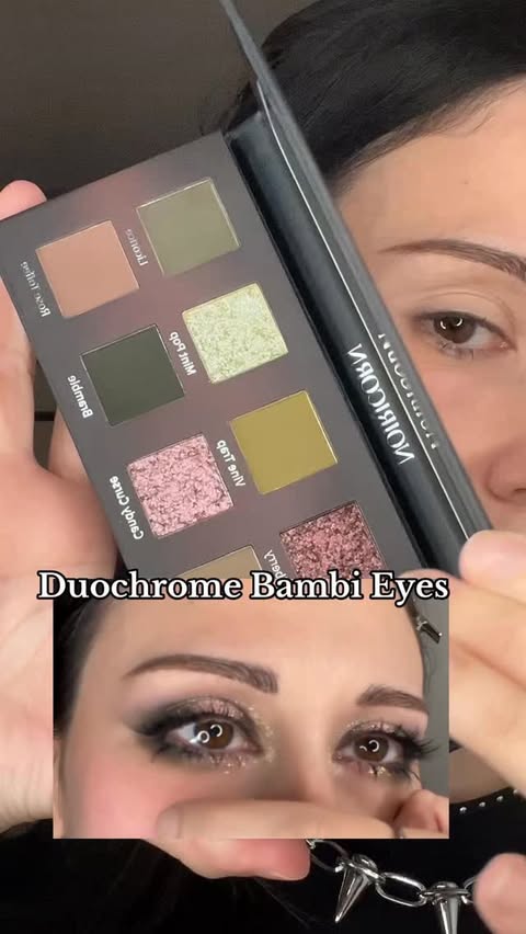 Instagram post by @dolceluna.makeup for CBeautyMall. Caption reads: Duochrome Bambi Eyes✨con la palette....