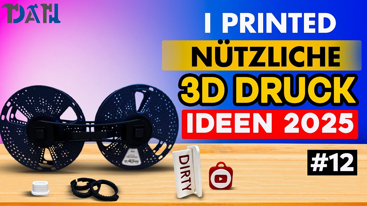 YouTube post by @derabsoluteHammer for Thingiverse. Caption reads: I Printed – Useful 3D Printing Ideas #12 / 2025 |....