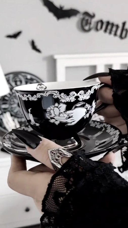 Instagram post by @_mystic_moon_witch for Petals and Poison. Caption reads: [...] Tea Set 15% OFF: MYSTICMOON15....