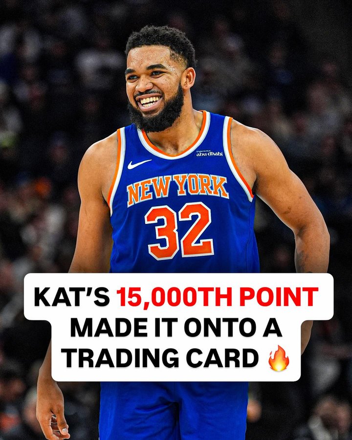 Instagram post by @bigbodegascards for Topps. Caption reads: Karl-Anthony Towns scored his 15,000th career....