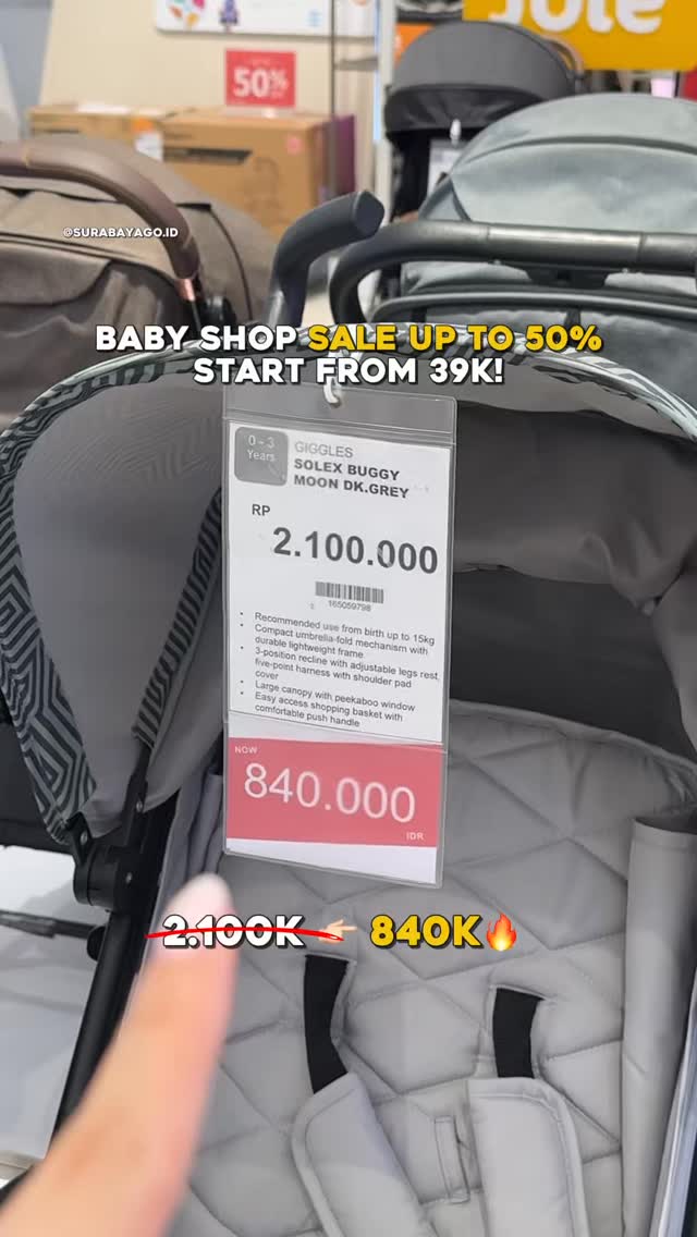 Instagram post by @surabayago.id for Babyshop. Caption reads: Baby Shop lagi disc. up to 50%!🔥

hampir semua....