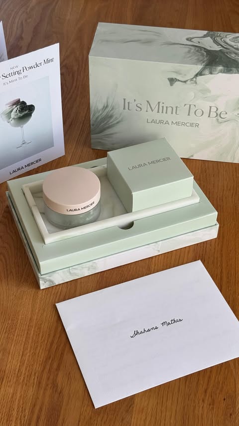Instagram post by @shahana_mathes for Laura Mercier. Caption reads: #PR @lauramercier but first of all… the mint [...].