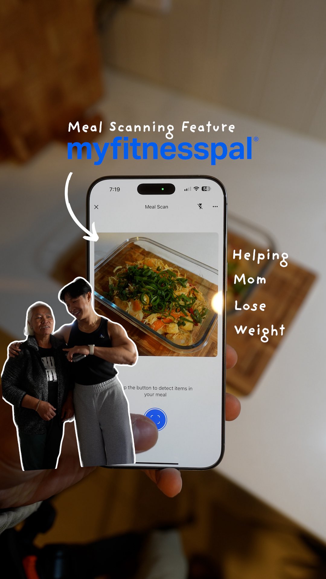 Instagram post by @l_eel_em for MyFitnessPal. Caption reads: How I Got My Asian Mom to Finally Track Her Meals....