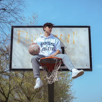 Instagram post by @valerio.mazzei for Russell Athletic. Caption reads: On top 🏀 #BOSSxRussellAthletic....