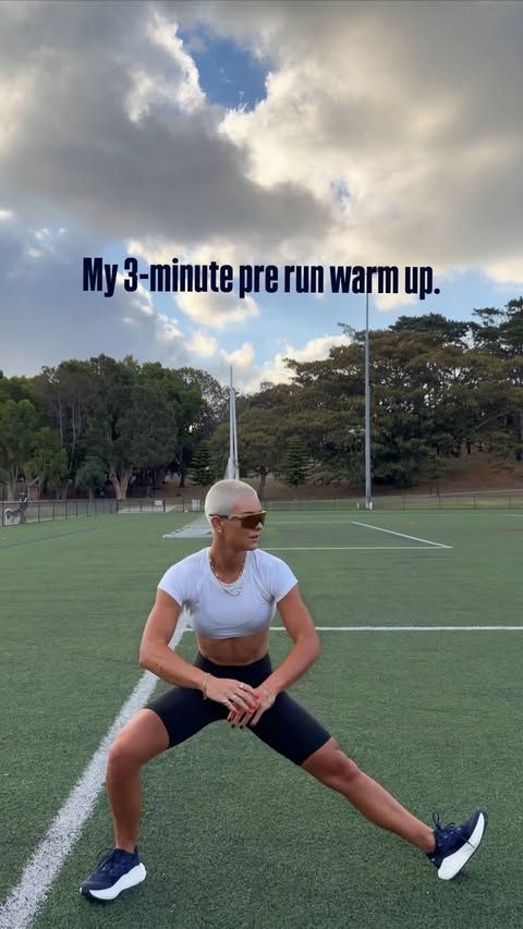 Instagram post by @katiewilliams for rebel sport. Caption reads: My 3-minute pre run warm → Save this for your next....