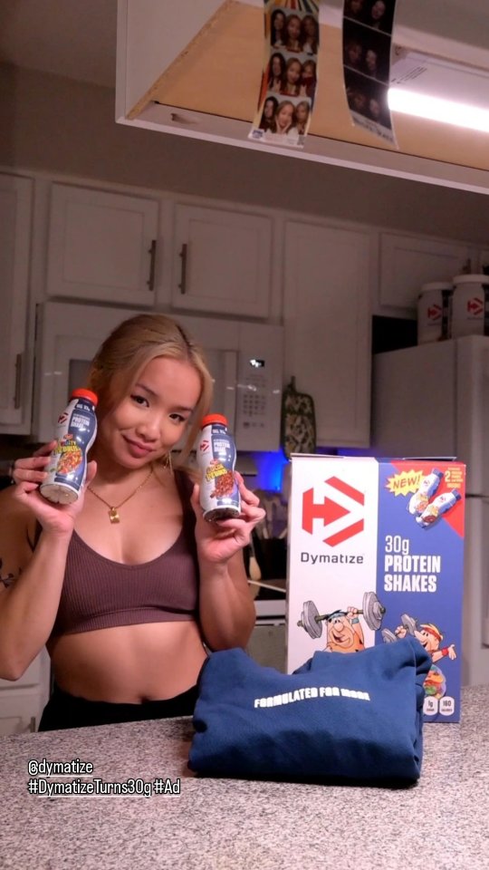 Instagram post by @lexitrains for Dymatize. Caption reads: #Ad #DymatizeTurns30g [GIVEAWAY CLOSED, winner....