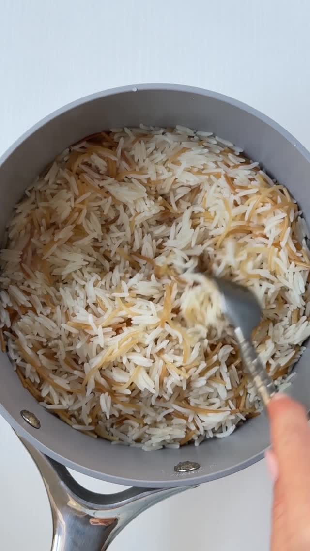 Instagram post by @cookinwithmima for Caraway Home. Caption reads: Authentic Lebanese Vermicelli Rice 🇱🇧 The....