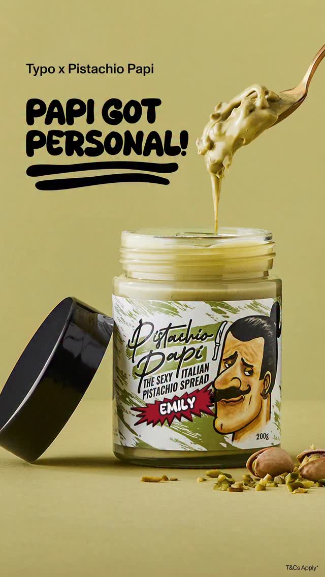 Instagram post by @pistachiopapiofficial for Cotton On. Caption reads: PISTACHIO PAPI 🤝 TYPO 💚

You asked. We....