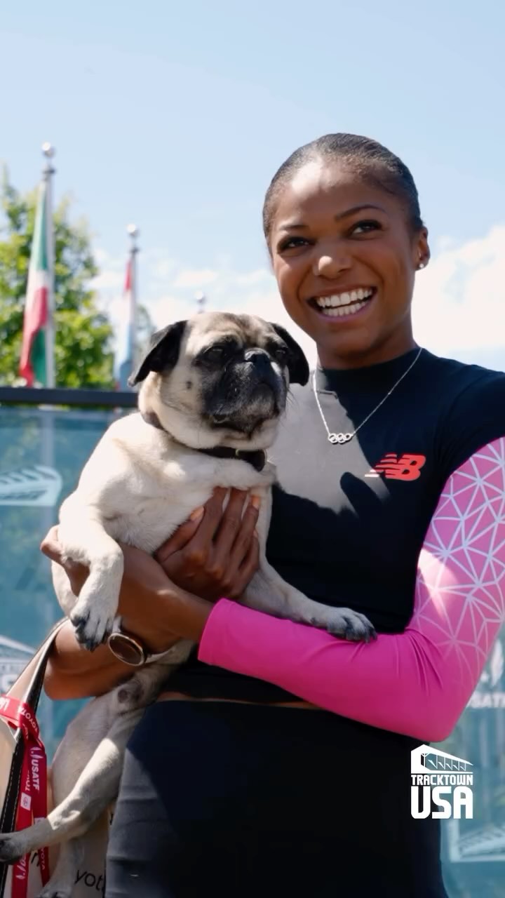 Instagram post by @gabbythomas for WeRateDogs. Caption reads: Welcome to Hayward Field @ricotheepug 🫶

🎥....