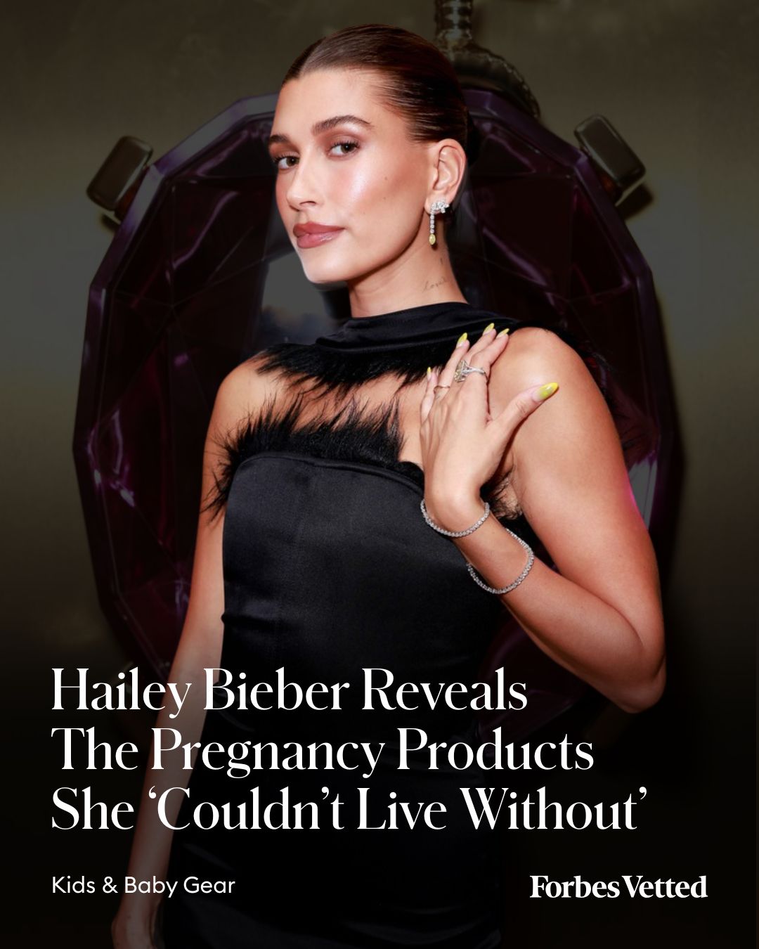 Instagram post by @forbesvetted for Coterie. Caption reads: @HaileyBieber just dropped her favorite baby gear,....