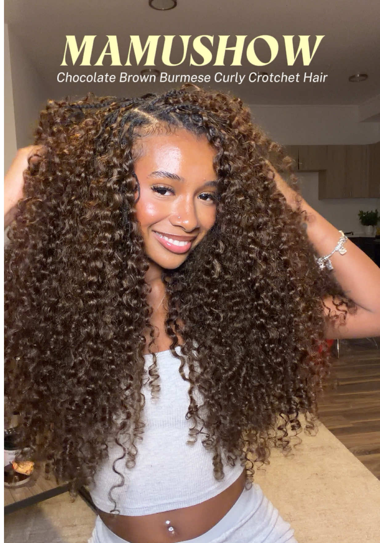 TikTok post by @miyacromer for Mamushow Hair Store. Caption reads: the fullest burmeee curly crotchet hair🤎....