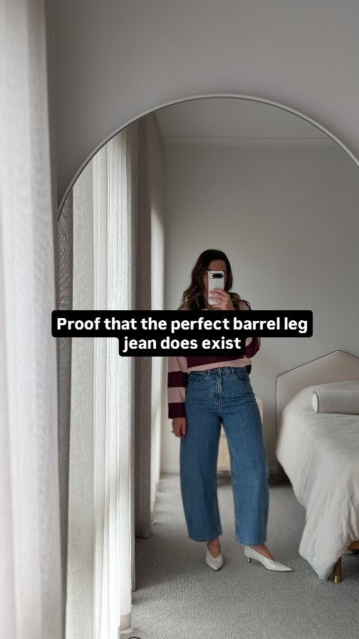 Instagram post by @sim.spys.stylist for Feather + Noise. Caption reads: The reviews don’t lie… I’ve found a barrel leg....