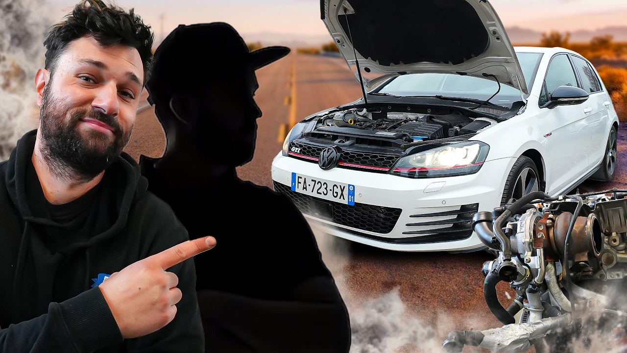 YouTube post by @tcqr for carVertical. Caption reads: 7 HOURS TO CHANGE THE ENGINE ON THIS GOLF 7 GTI!....