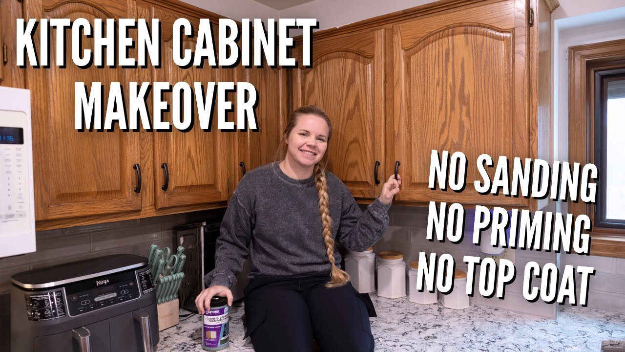 YouTube post by @FurnitureFlippingTeacher for Beyond Paint. Caption reads: Painting OAK Kitchen Cabinets the EASY Way!.