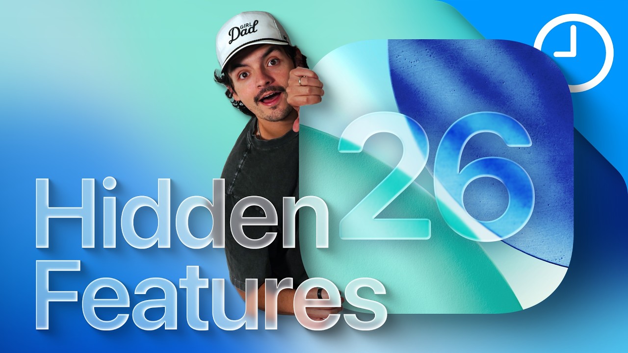 YouTube post by @9to5Mac for KUXIU. Caption reads: Apple Never Told You About These 20 iOS 26....