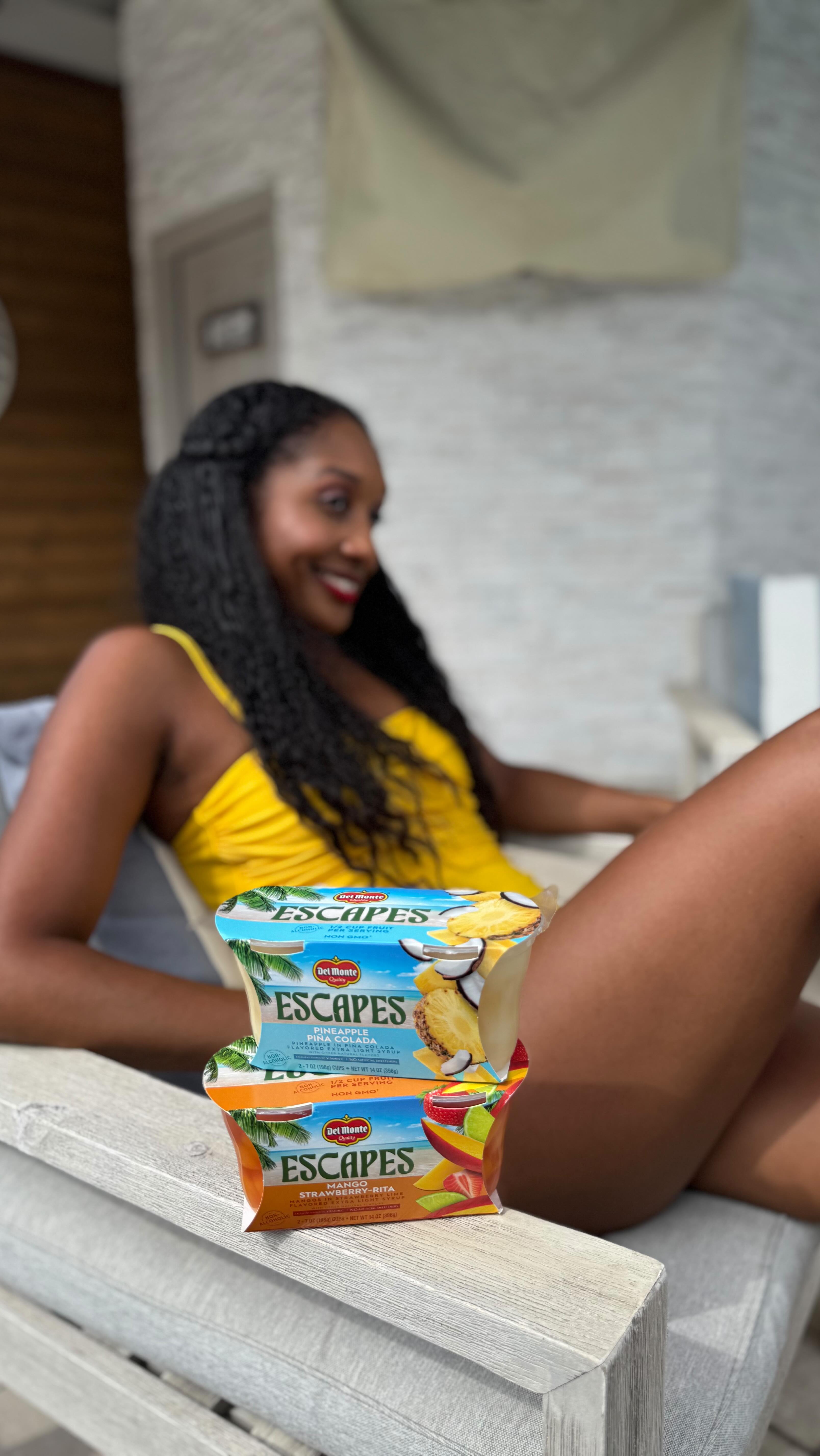 Instagram post by @authenticallyamberblog for Del Monte. Caption reads: Some days the pool feels less like a vacation and....