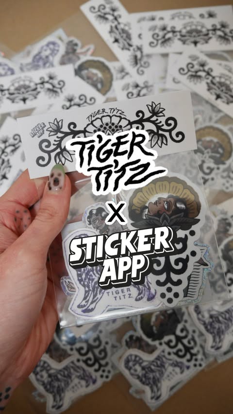 Instagram post by @tigertitz for StickerApp. Caption reads: My recent collaboration with @stickerapp 🪷 Thank....