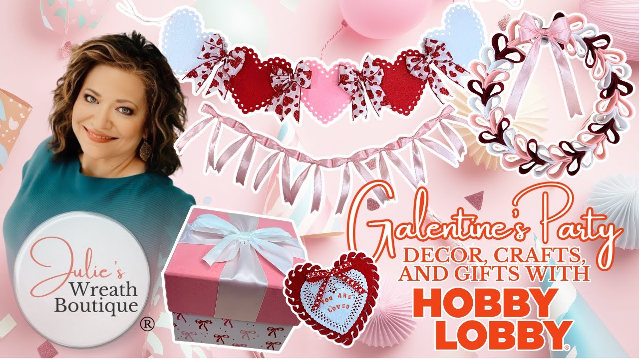 YouTube post by @JuliesWreathBoutique for Hobby Lobby. Caption reads: [...] gift box you can put together with Hobby....