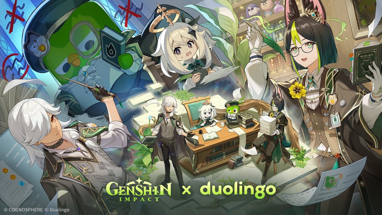 YouTube post by @GenshinImpact for Duolingo. Caption reads: Genshin Impact × Duolingo Collaboration Teaser:....