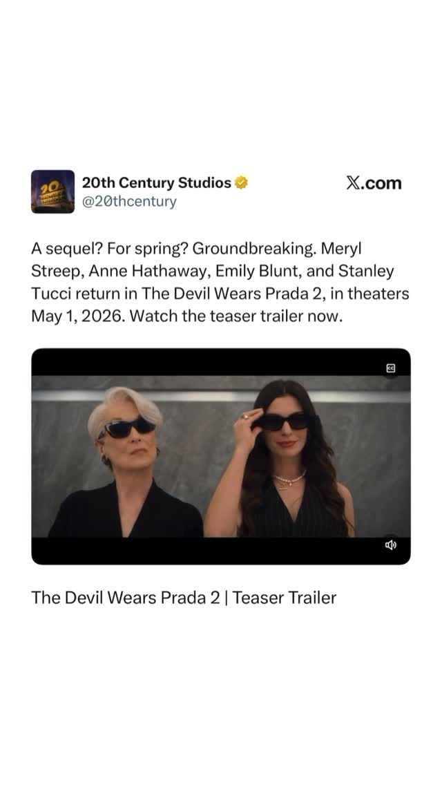 Instagram post by @pophive for 20th Century Studios. Caption reads: The first teaser for ‘The Devil Wears Prada 2’ has....