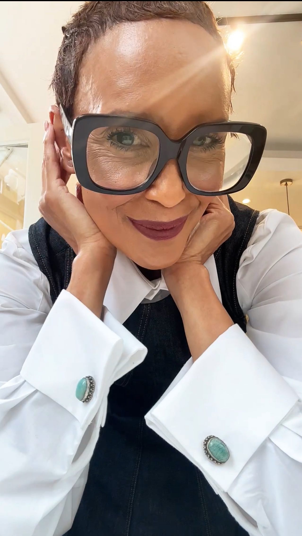 Instagram post by @theelegantstylist for GLAS EYEWEAR. Caption reads: Back to school at 59 📚

With builders tearing....