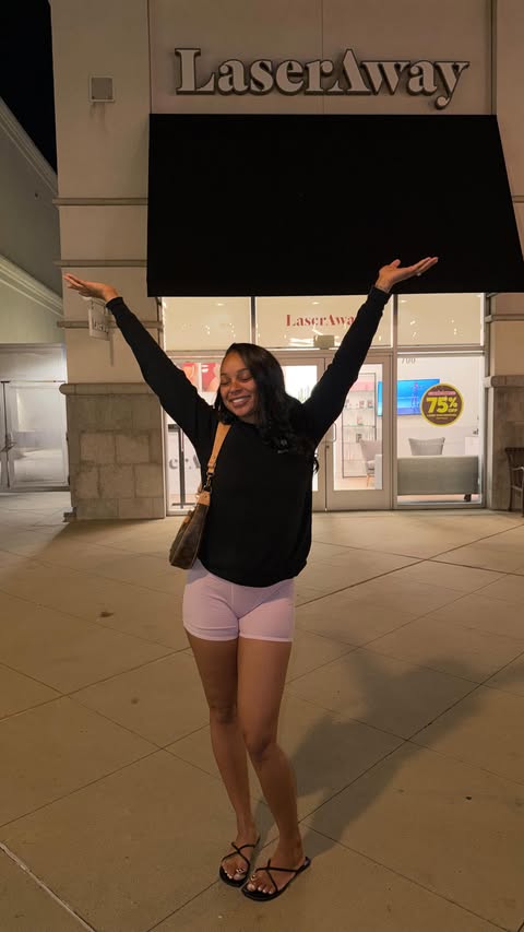 Instagram post by @xo.niee for LaserAway. Caption reads: [...] waxing hurts way too bad 😭✨ My Brazilian at....